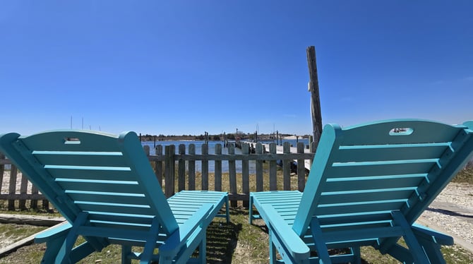 Waterfront vacation rental dock at golden hour on the Crystal Coast